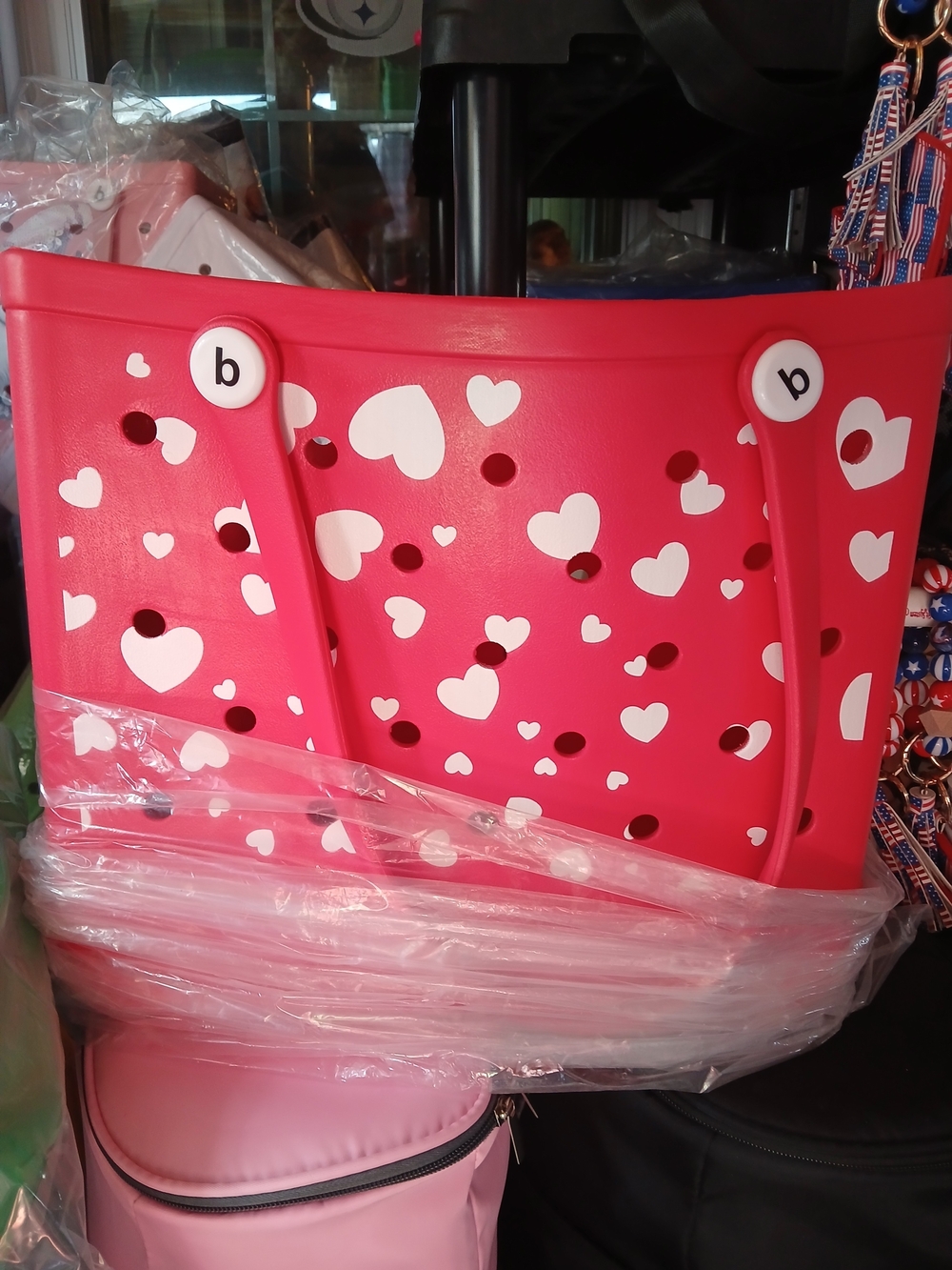 Red With Pink  Heart-Print Tote Medium Bogg like bag.